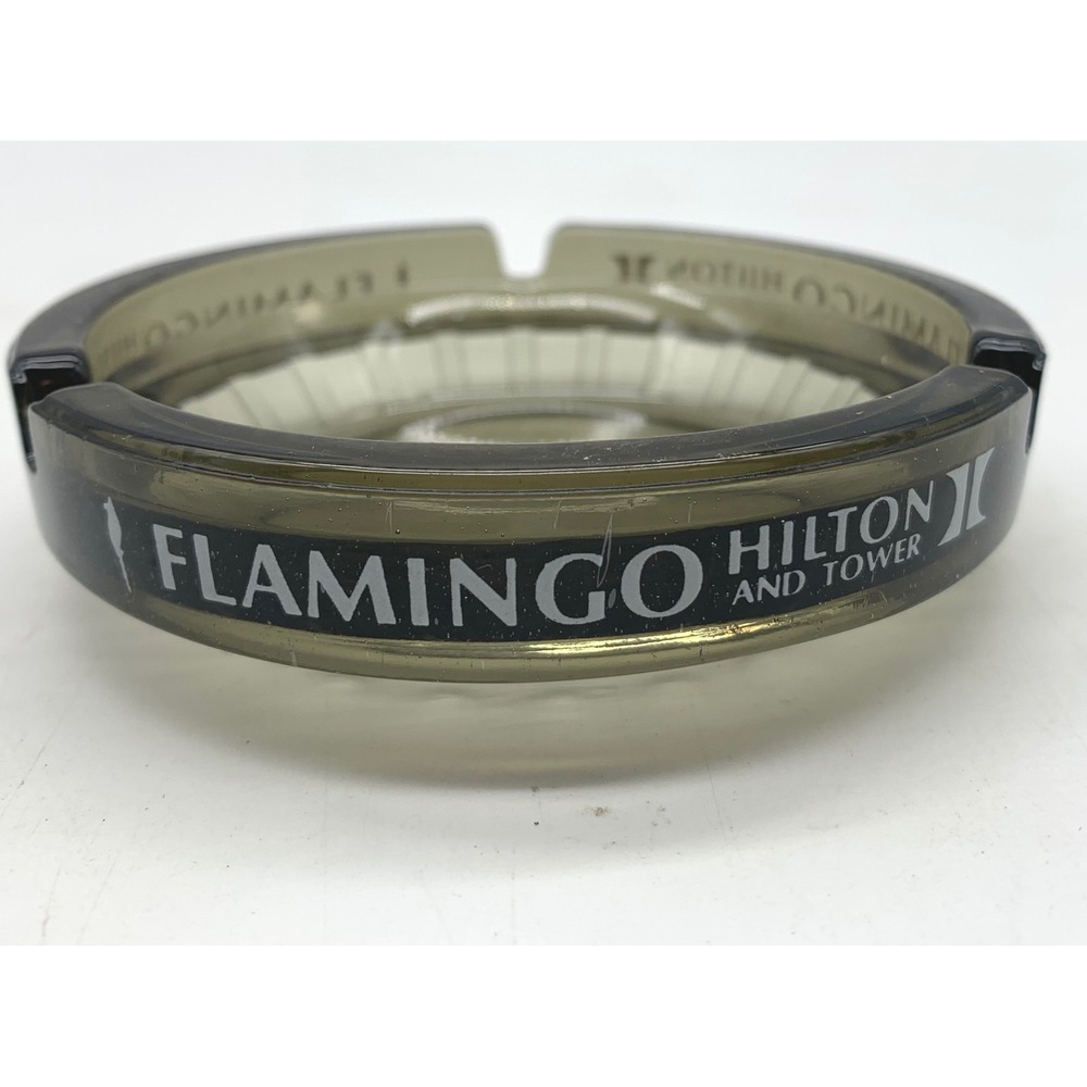 Vintage Flamingo Hilton Las Vegas Glass Ashtray Smoked Gray Casino Memorabilia